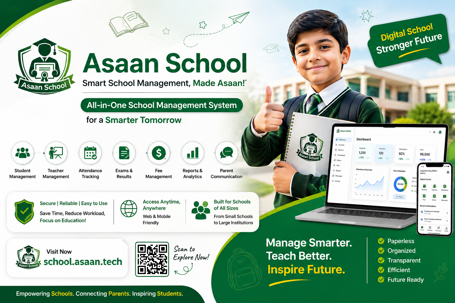 Asaan School dashboard on laptop and phone