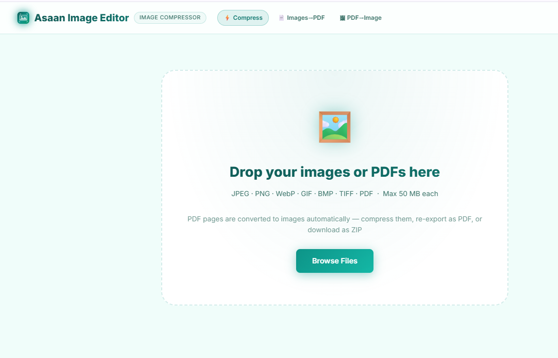 Asaan Image Editor drop zone for images and PDFs